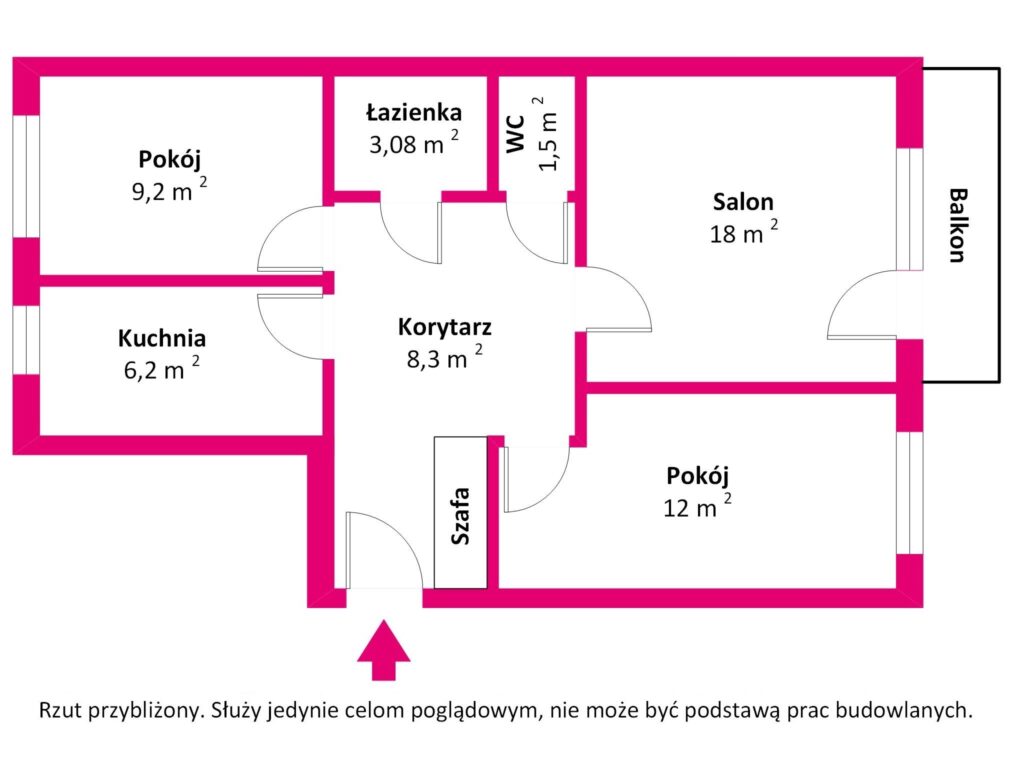 3 pokoje Koło – 2 piętro - rzut 1