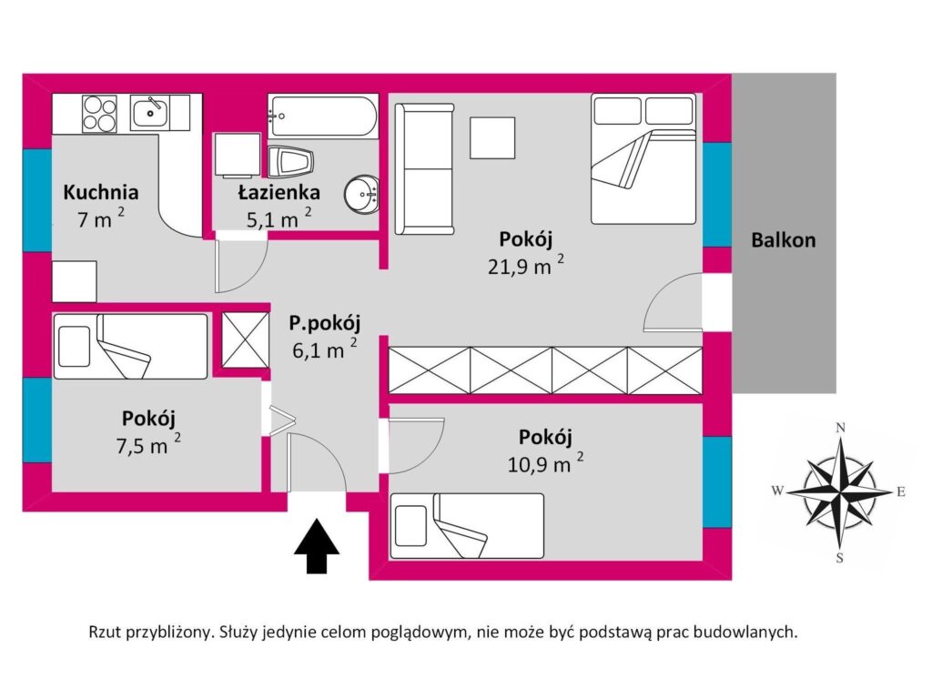Umeblowane 3-pokojowe mieszkanie ul. Witosa - rzut 1