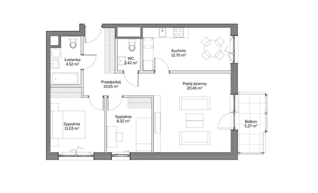 Nowoczesne 3 pokojowe mieszkanie na Gocławiu - rzut 1