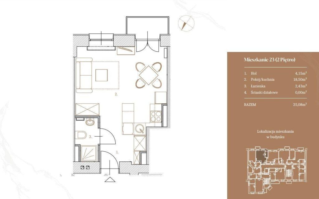 Nowoczesna kawalerka w przedwojennej kamienicy - rzut 1
