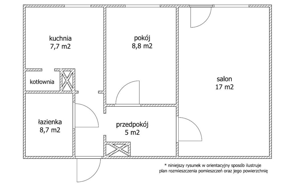 Dwupokojowe mieszkanie w centrum wsi - rzut 1