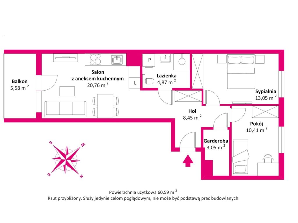 3 Pok. 60m² Włochy - Wysoki standard - rzut 1