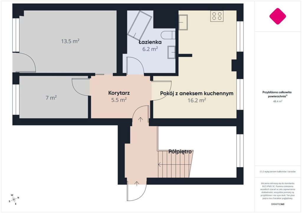 Ciche 3 pokoje 49 m2, balkon, klimatyzacja - rzut 1