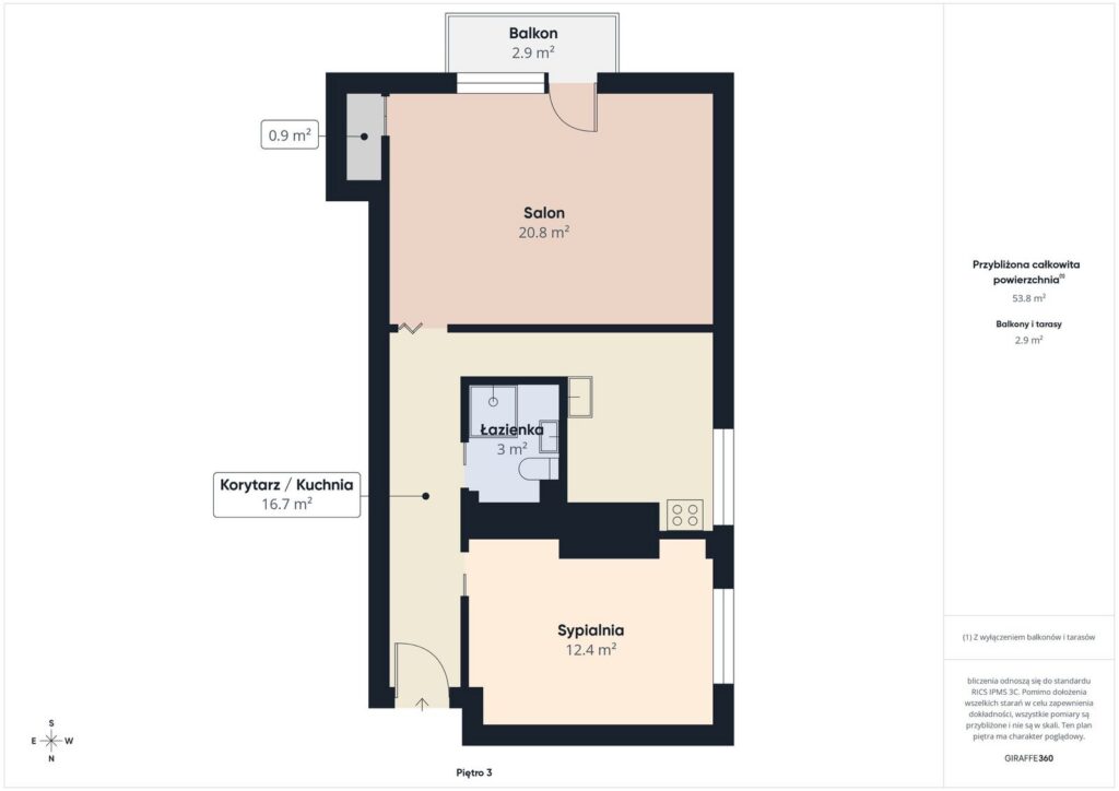 2 pokojowe mieszkanie 53 m² w sercu Wrzeszcza - rzut 1