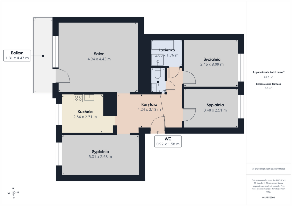 81,5 m² dla Twojej rodziny 4 pokoje Przykoszarowa - rzut 1