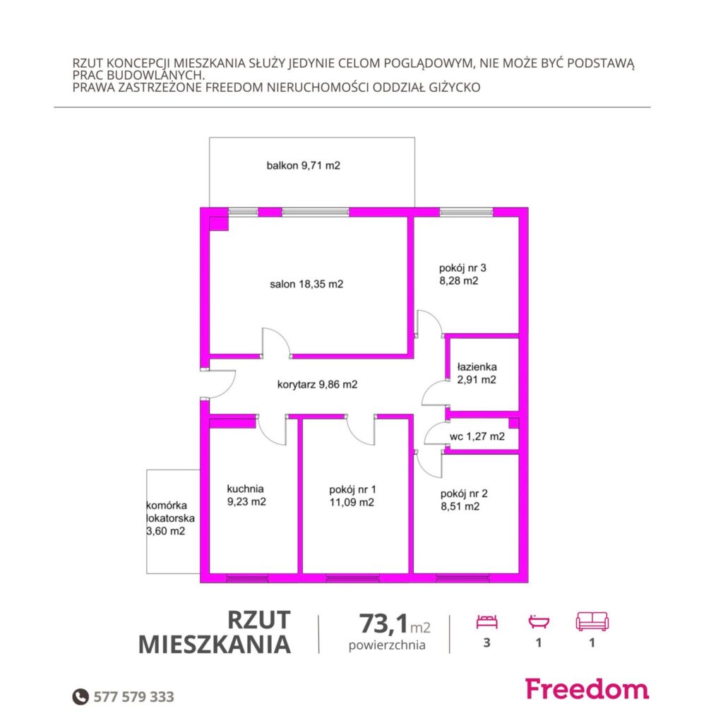 Mieszkanie 73,1 m² z widokiem na jezioro Niegocin - rzut 1